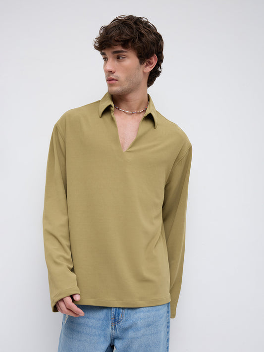 Soft Olive Oversized Knitted Polo Shirt