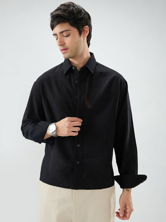 Jet Black Sheer Weave Boxy Fit Crop Shirt