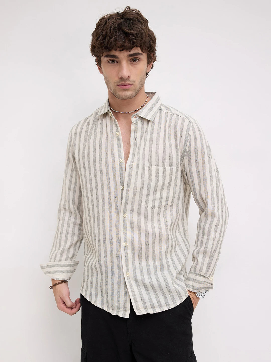 Olive & Ivory Striped Casual Shirt