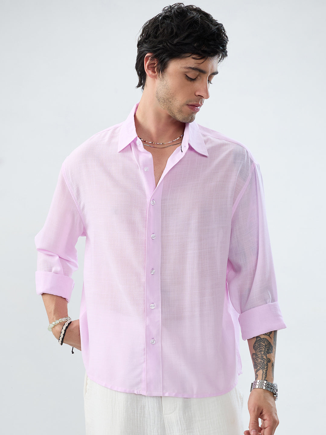 Pink Pearl Slub Textured Boxy Fit Crop Shirt