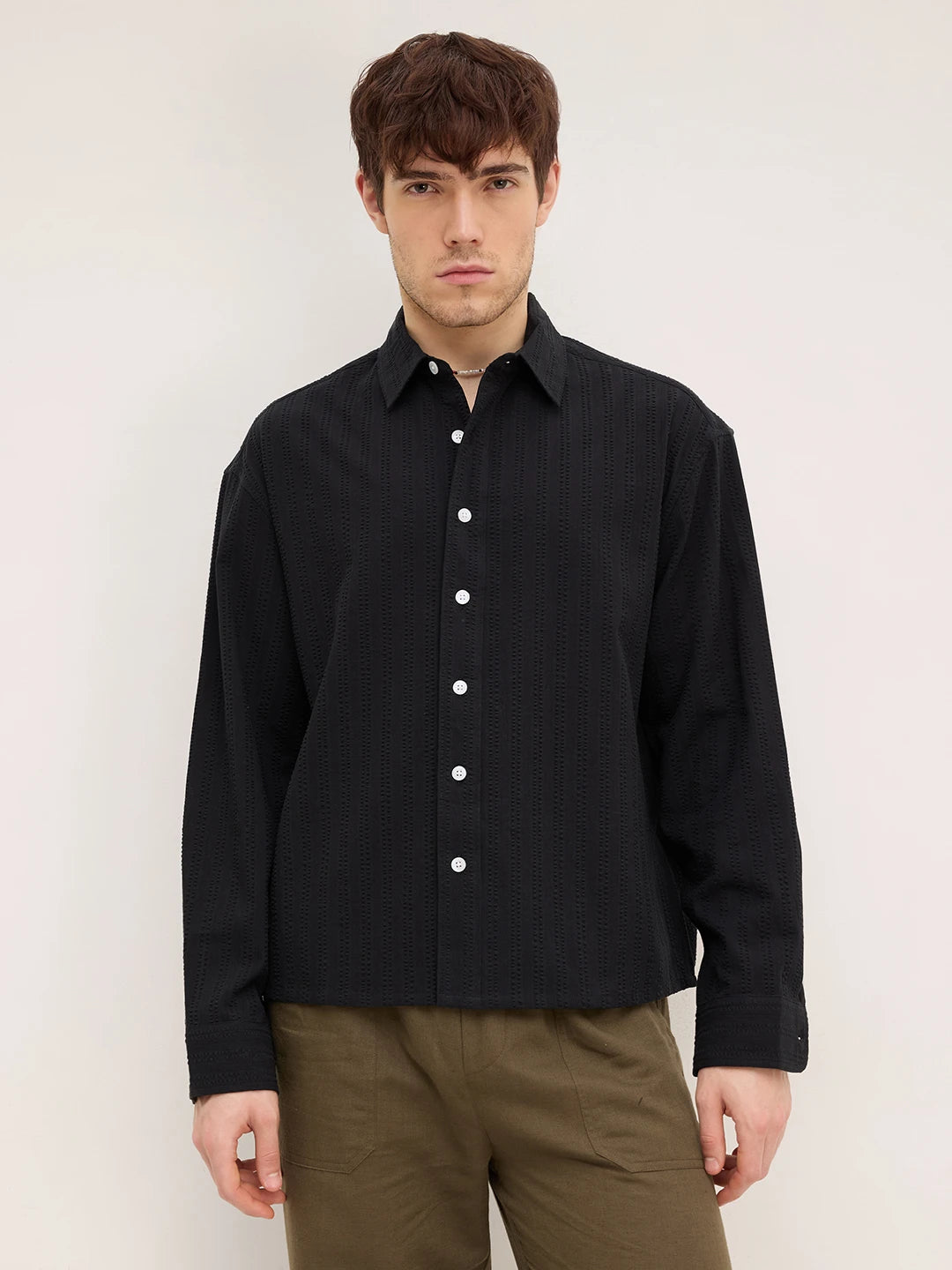 Elegant Black Seersucker Striped Boxy Fit Crop Shirt