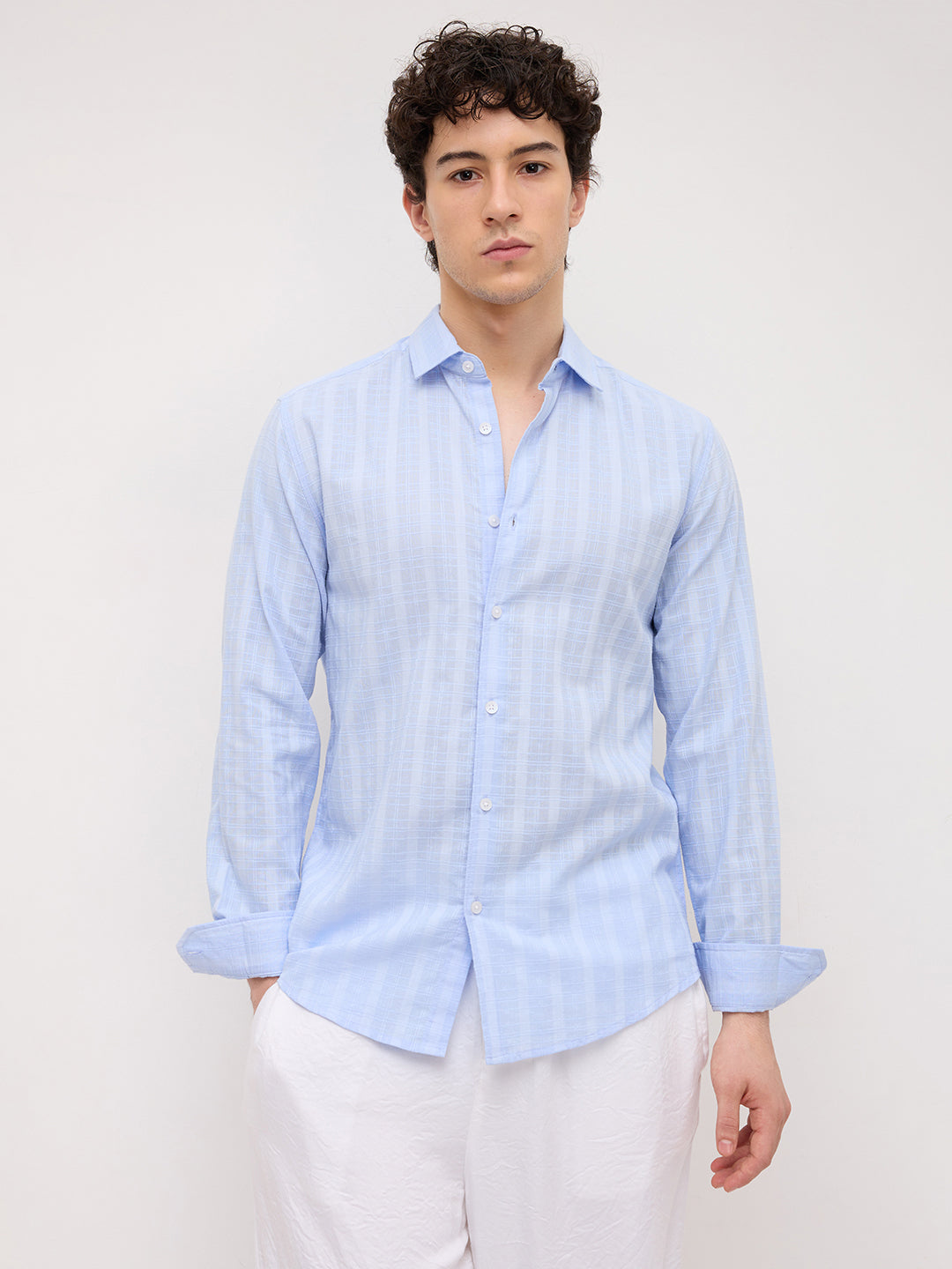 Powder Blue Sheer Windowpane Checks Textured Weave Shirt