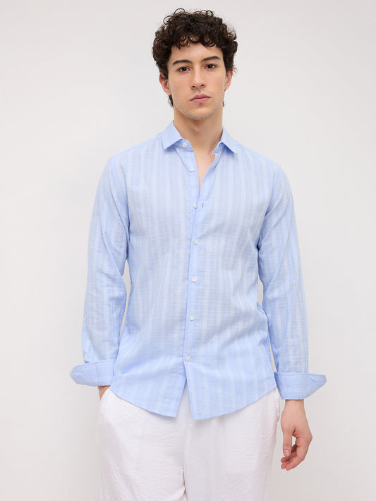 Powder Blue Sheer Windowpane Checks Textured Weave Shirt