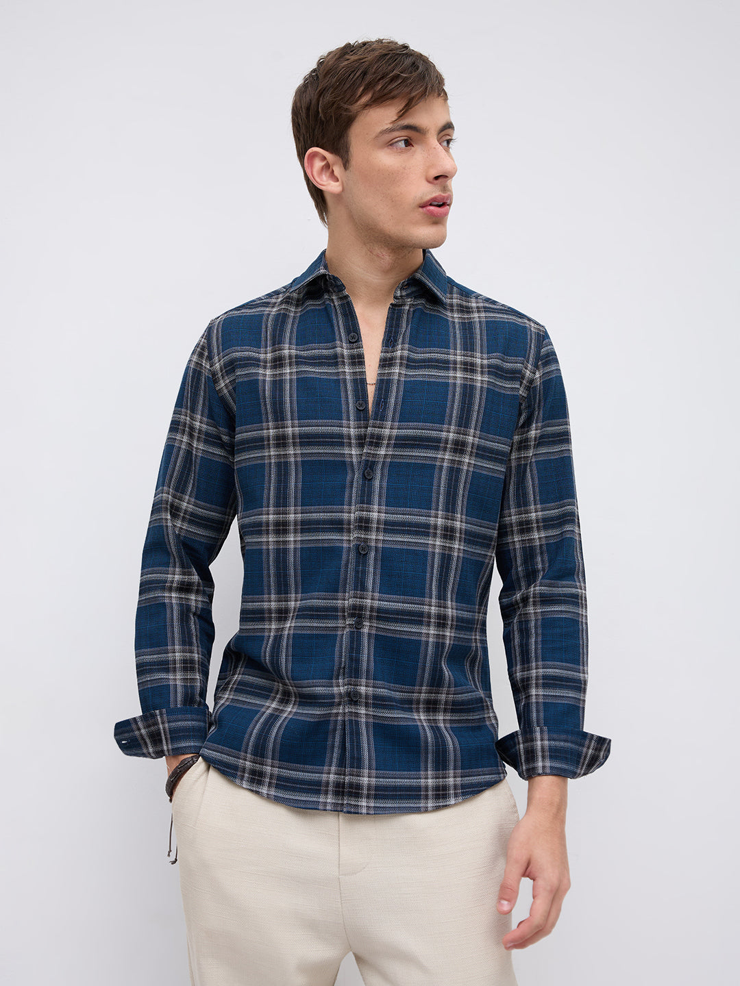 Ocean Blue Contrast Plaid Checks Shirt