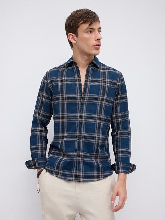 Ocean Blue Contrast Plaid Checks Shirt