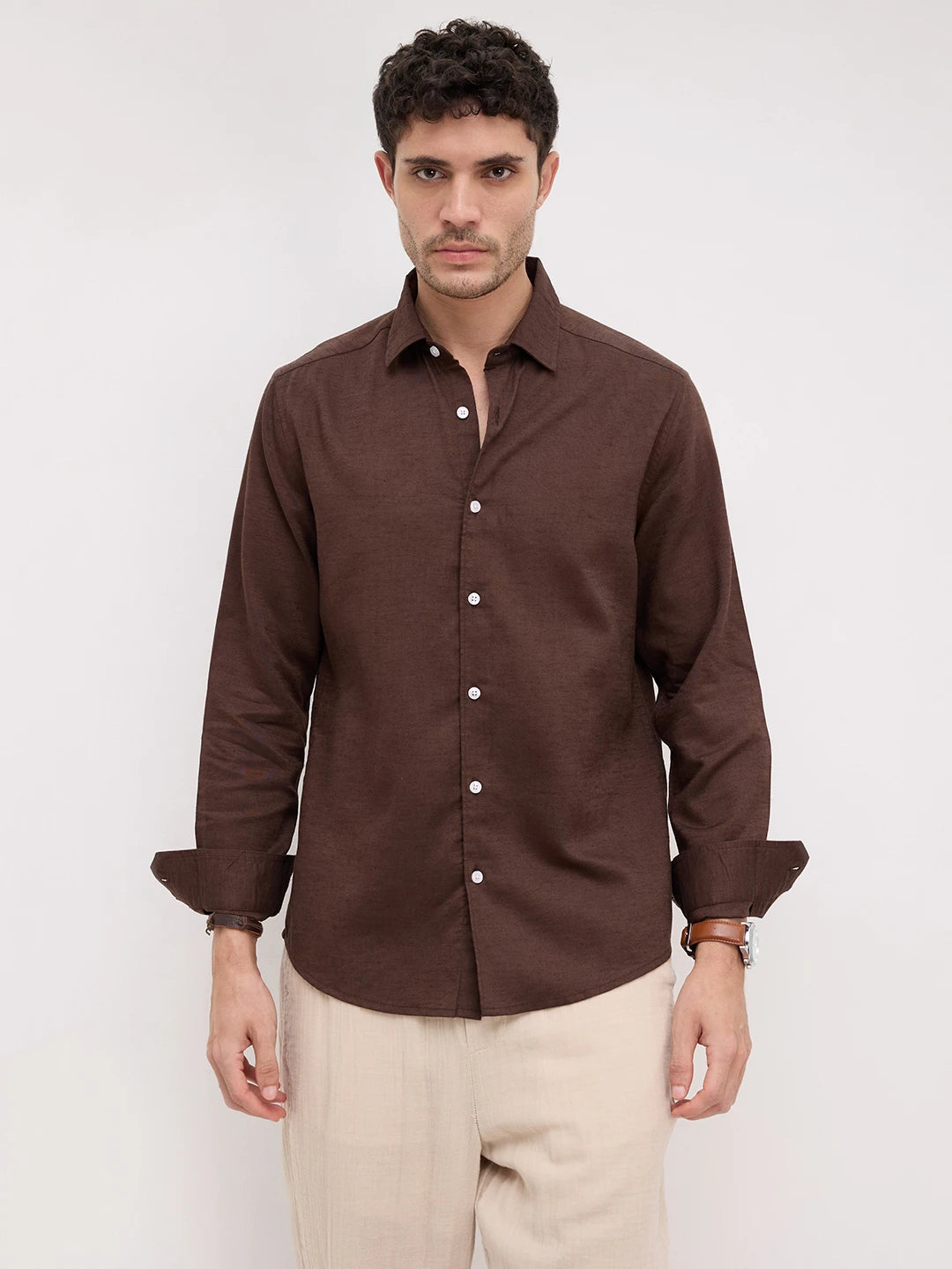 Luxe Deep Saddle Brown Linen Blend Shirt