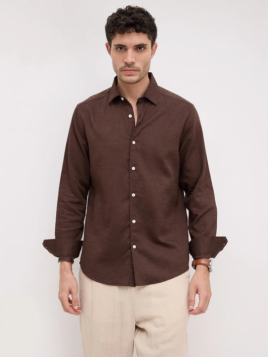 Luxe Deep Saddle Brown Linen Blend Shirt