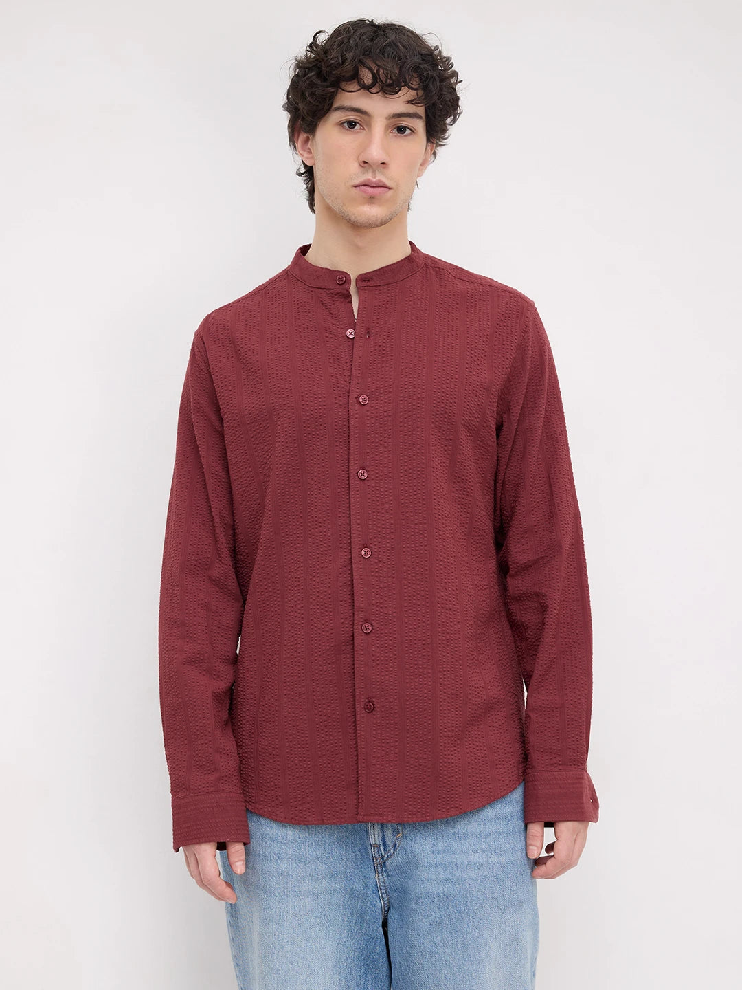 Brick Red Seersucker Striped Mandarin Shirt