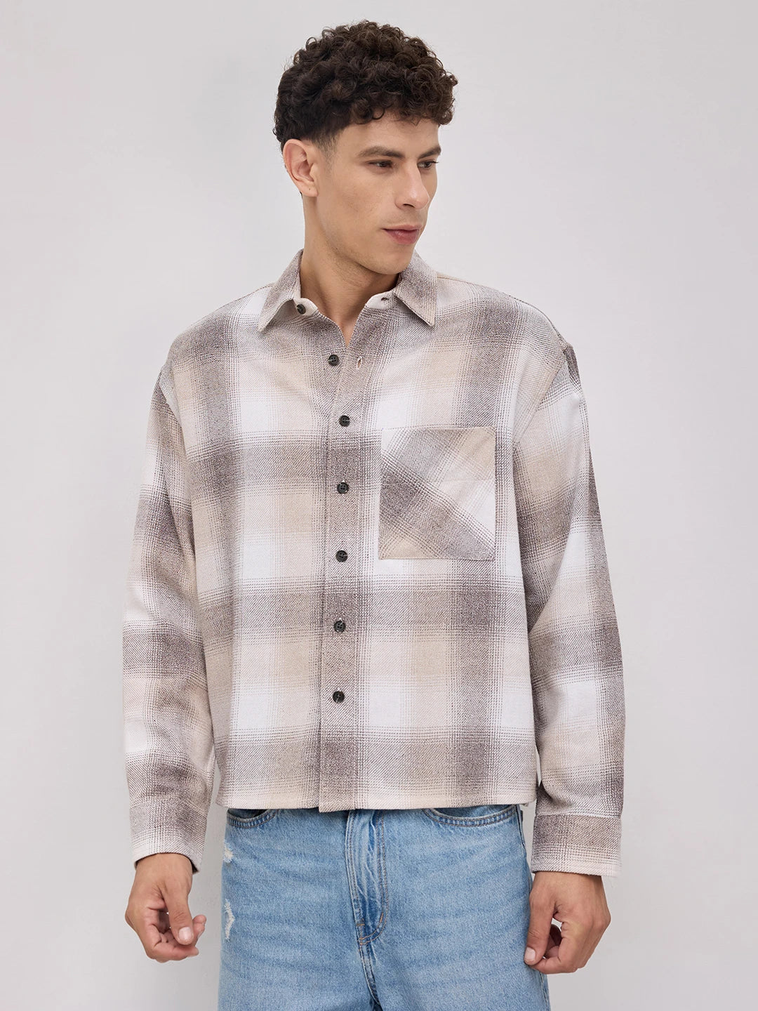 Beige Plaid Checks Boxy Fit Crop Shirt