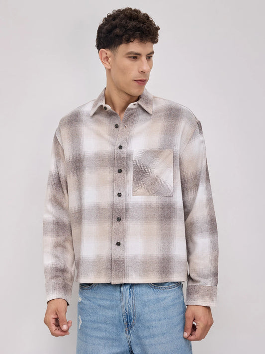 Beige Plaid Checks Boxy Fit Crop Shirt