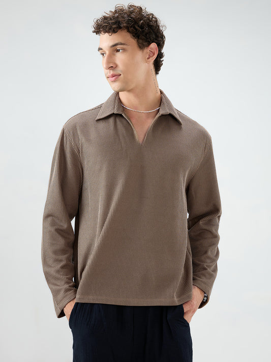 Brown Refined Textured Knitted Oversized Polo Shirt