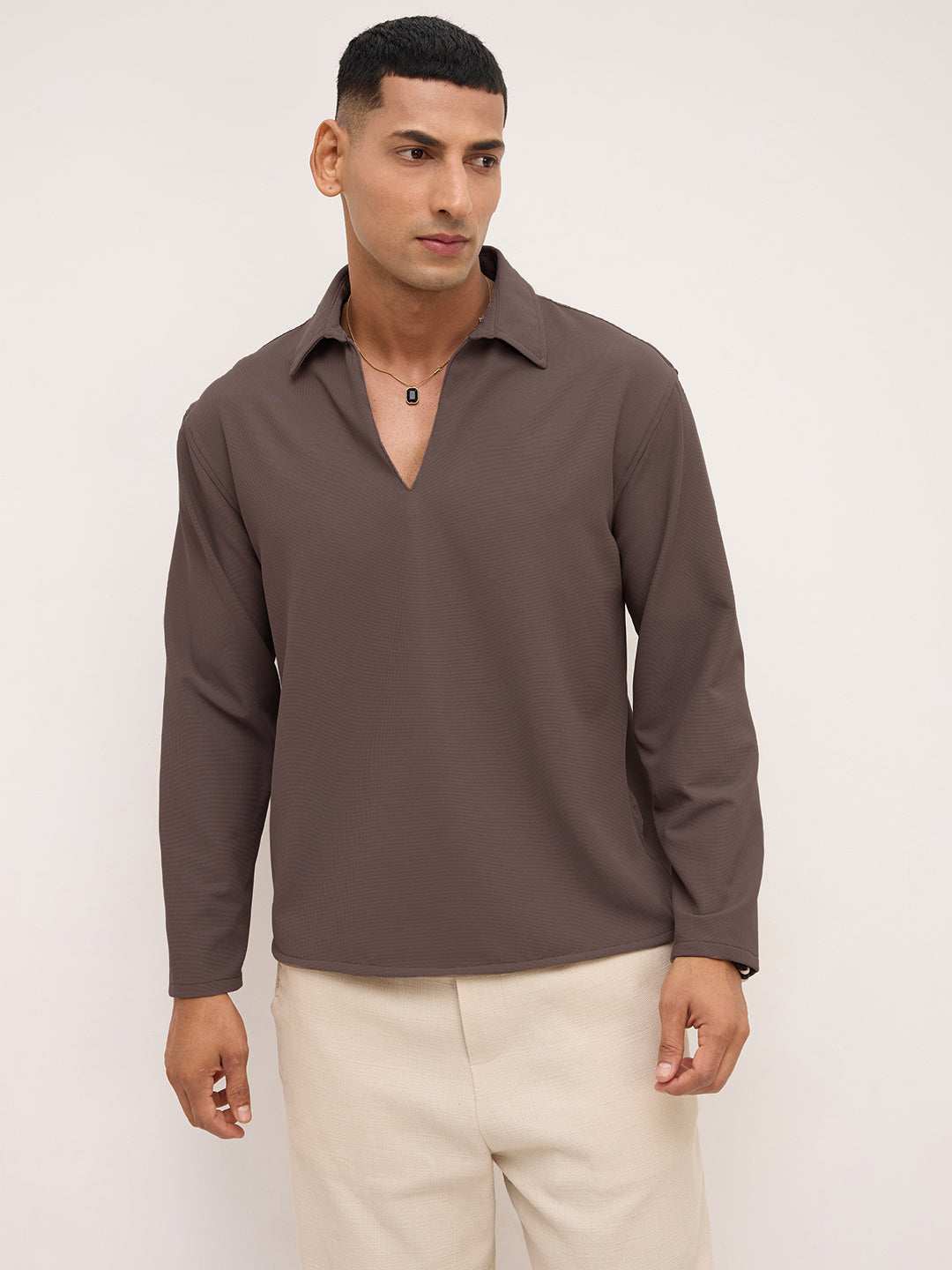 Saddle Brown Oversized Polo Tencel Knit Shirt