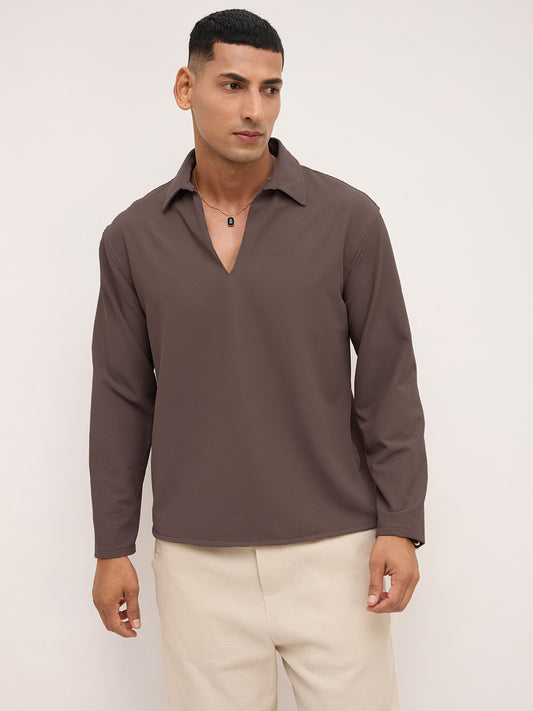Saddle Brown Oversized Polo Tencel Knit Shirt
