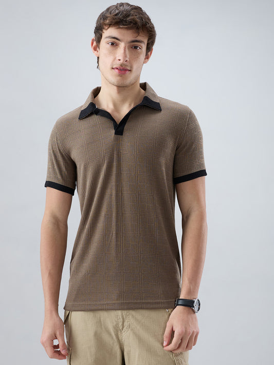 Dusty Beige Contrast Polo Neck T-shirt