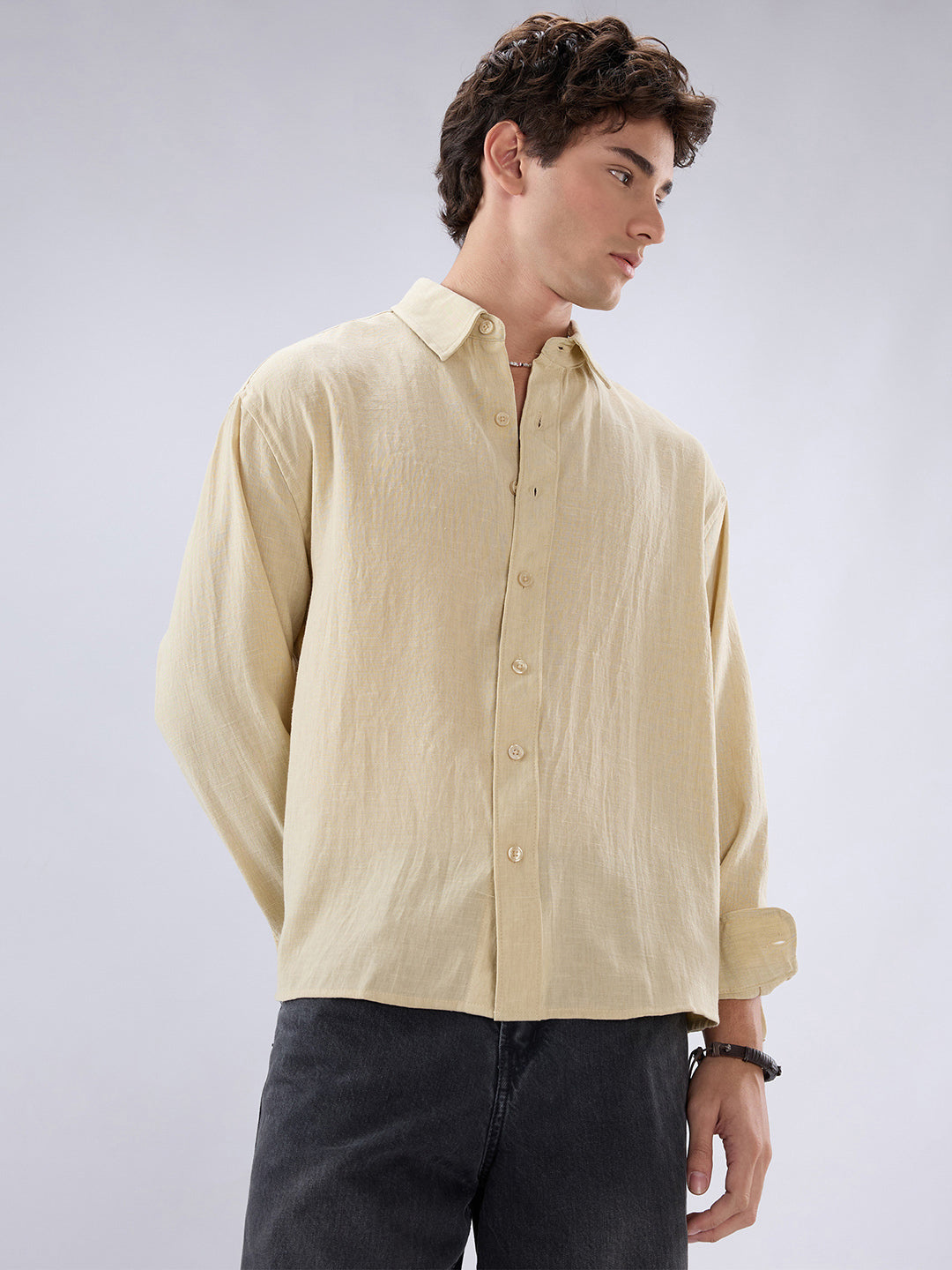 Sunwash Beige Slub Textured Boxy Fit Crop Shirt