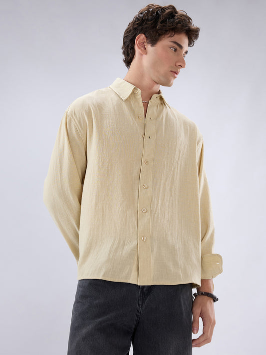 Sunwash Beige Slub Textured Boxy Fit Crop Shirt