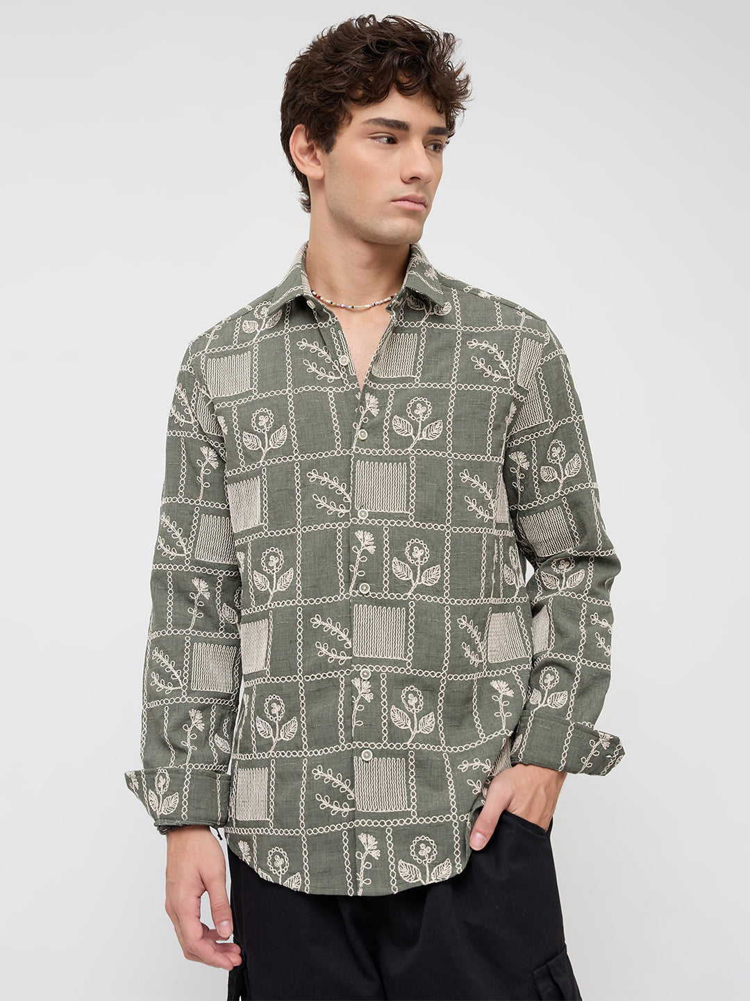 Olive Artisan Frame Embroidered Slub Shirt