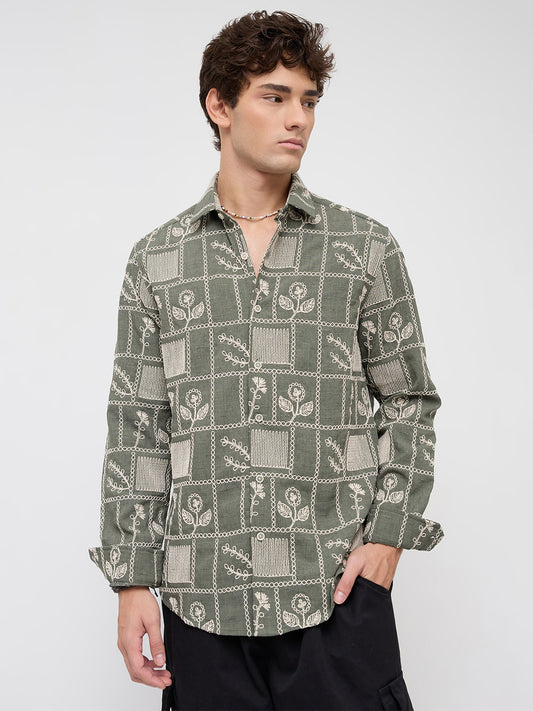 Olive Artisan Frame Embroidered Slub Shirt