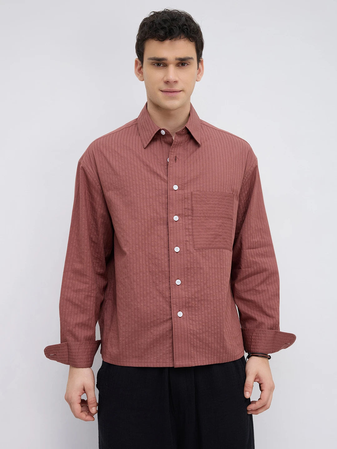Brick Red Pinstriped Boxy Fit Crop Shirt
