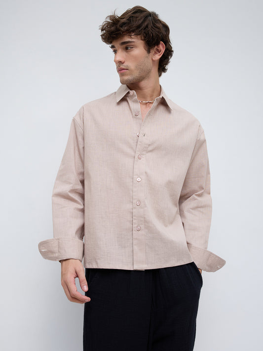 Natural Beige Sheer Fine Weave Boxy Fit Crop Shirt