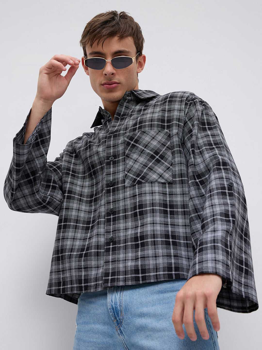 Eclipse Grid Fine Checks Cuffless Oversized Crop Shirt