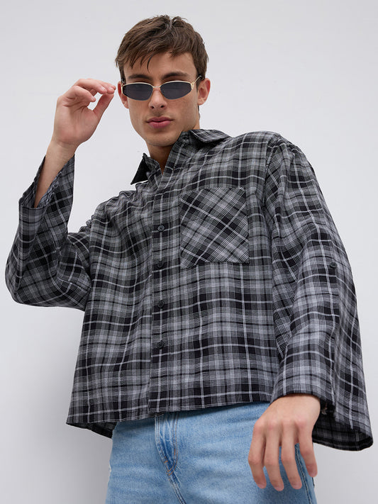 Eclipse Grid Fine Checks Cuffless Oversized Crop Shirt