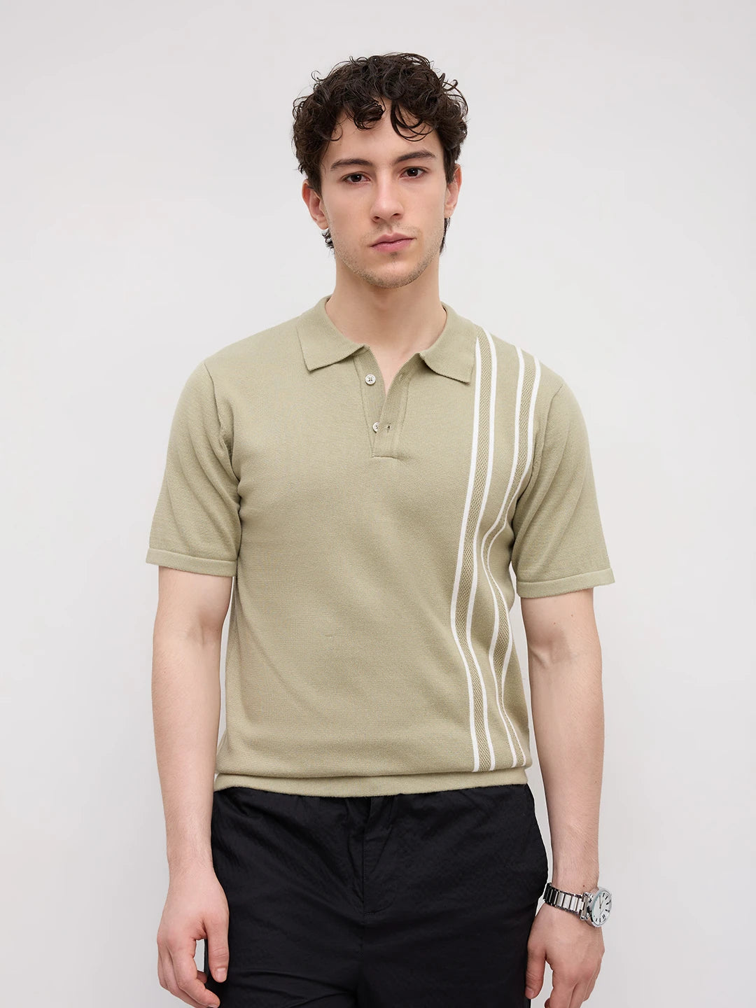 Sage Green Panel Striped Flat Knit Polo T-Shirt