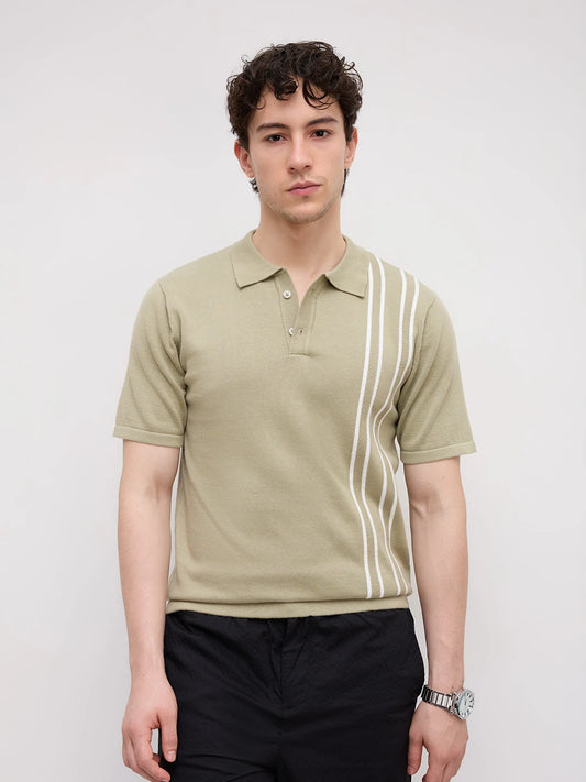 Sage Green Panel Striped Flat Knit Polo T-Shirt