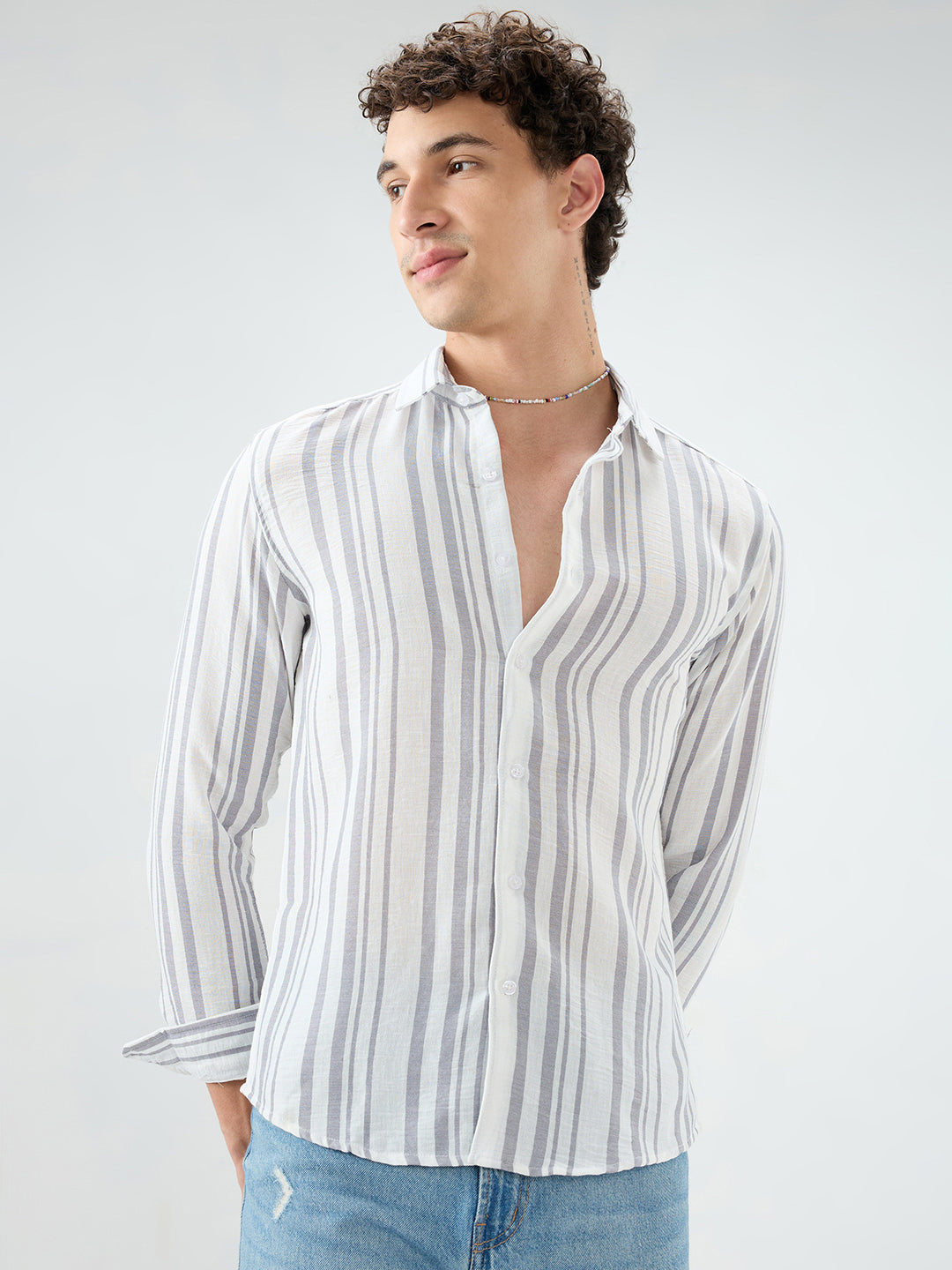 Ash Grey Vertical Striped Lightweight Shirt