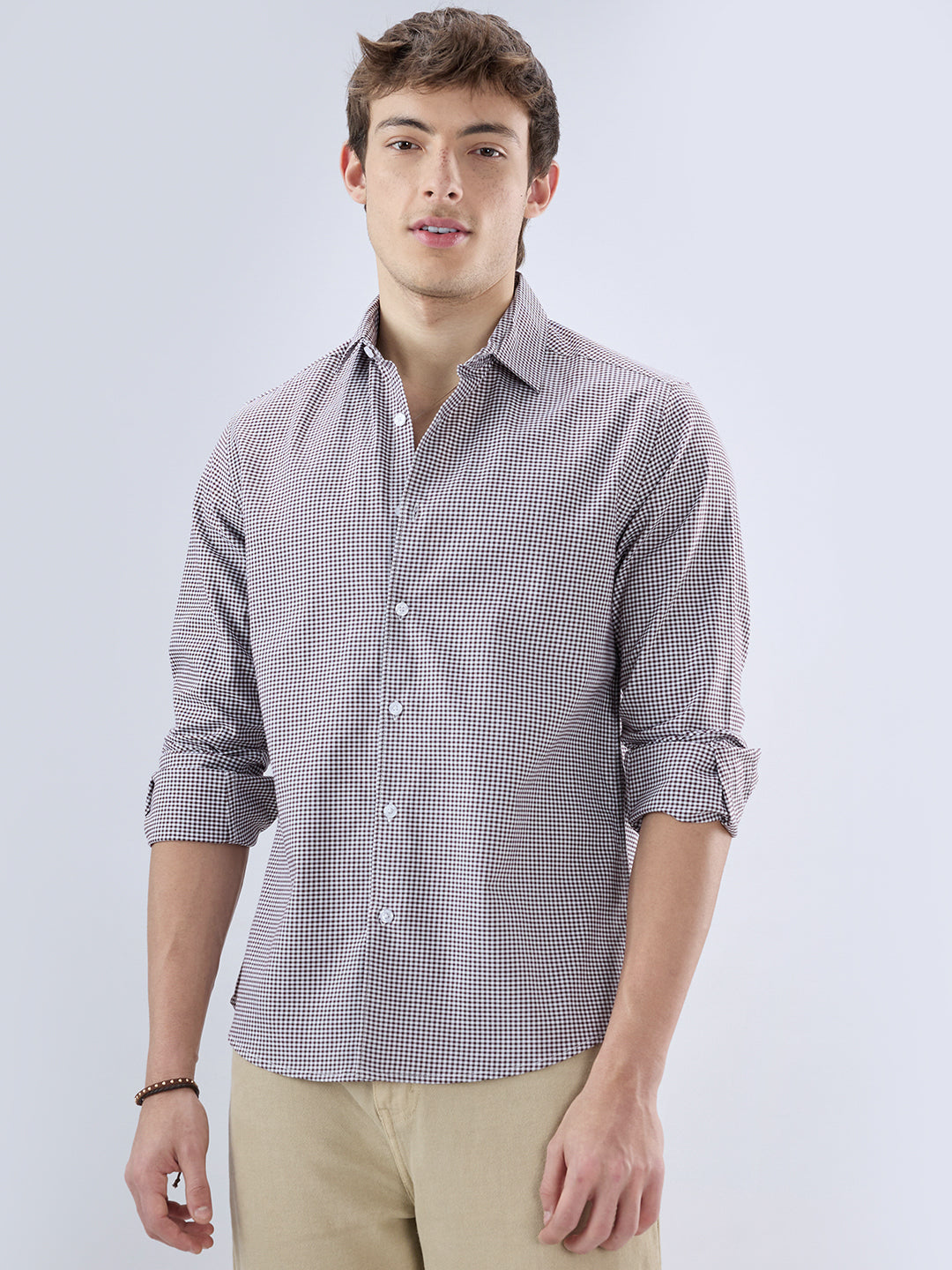 Brunette Brown & White Tiny Checkered Oxford Shirt