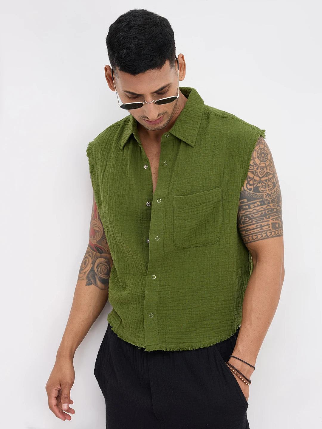 Evergreen Double Cloth Sleevless Crop Shirt