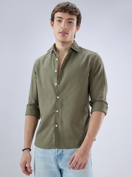 Olive Open Weave Refined Textured Checks Shirt