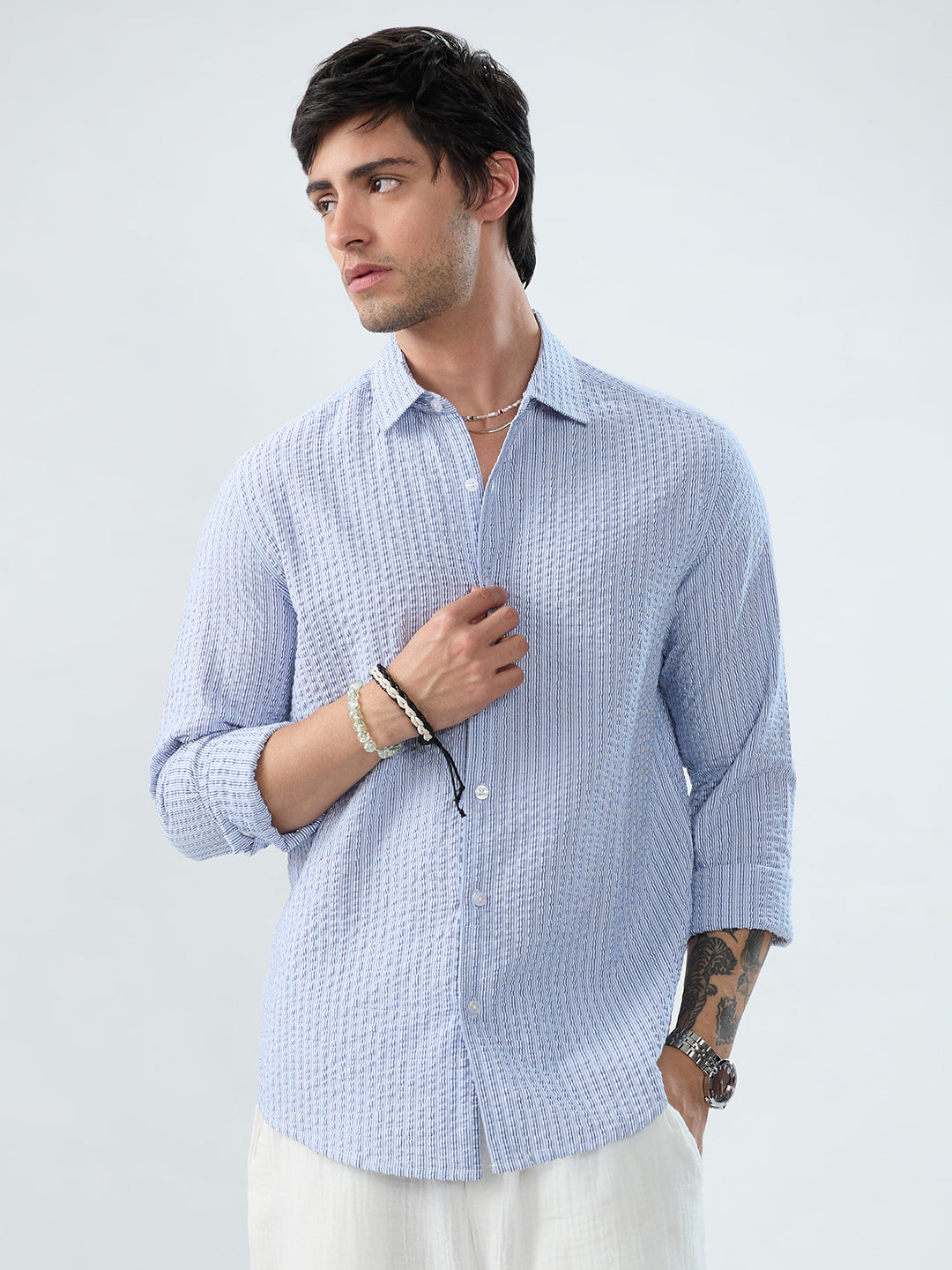 Frost White Azure Fine Striped Seersucker Shirt