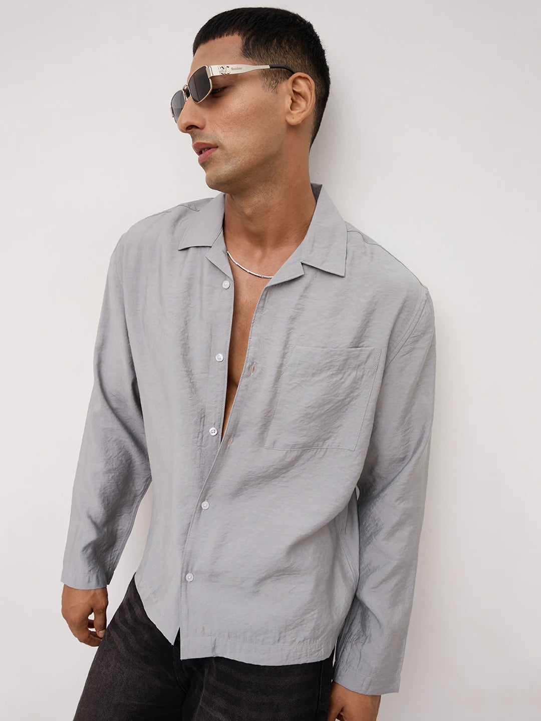 Refined Mist Grey Textured Oversized Notch Collar Shirt
