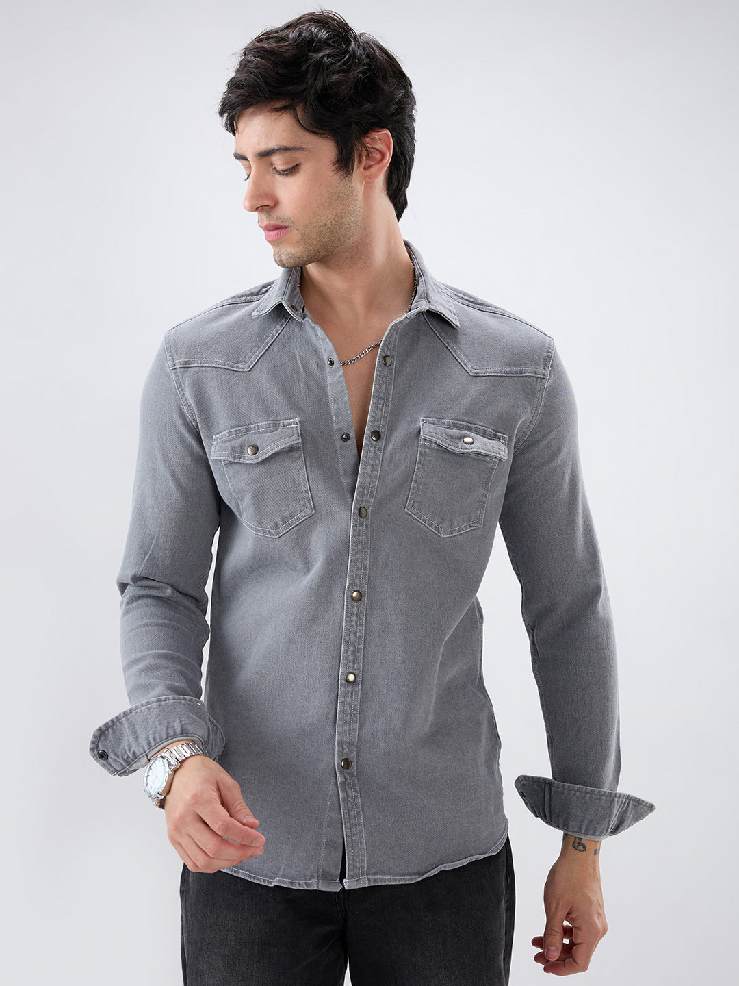 Vintage Grey Denim Double Pocket Overshirt
