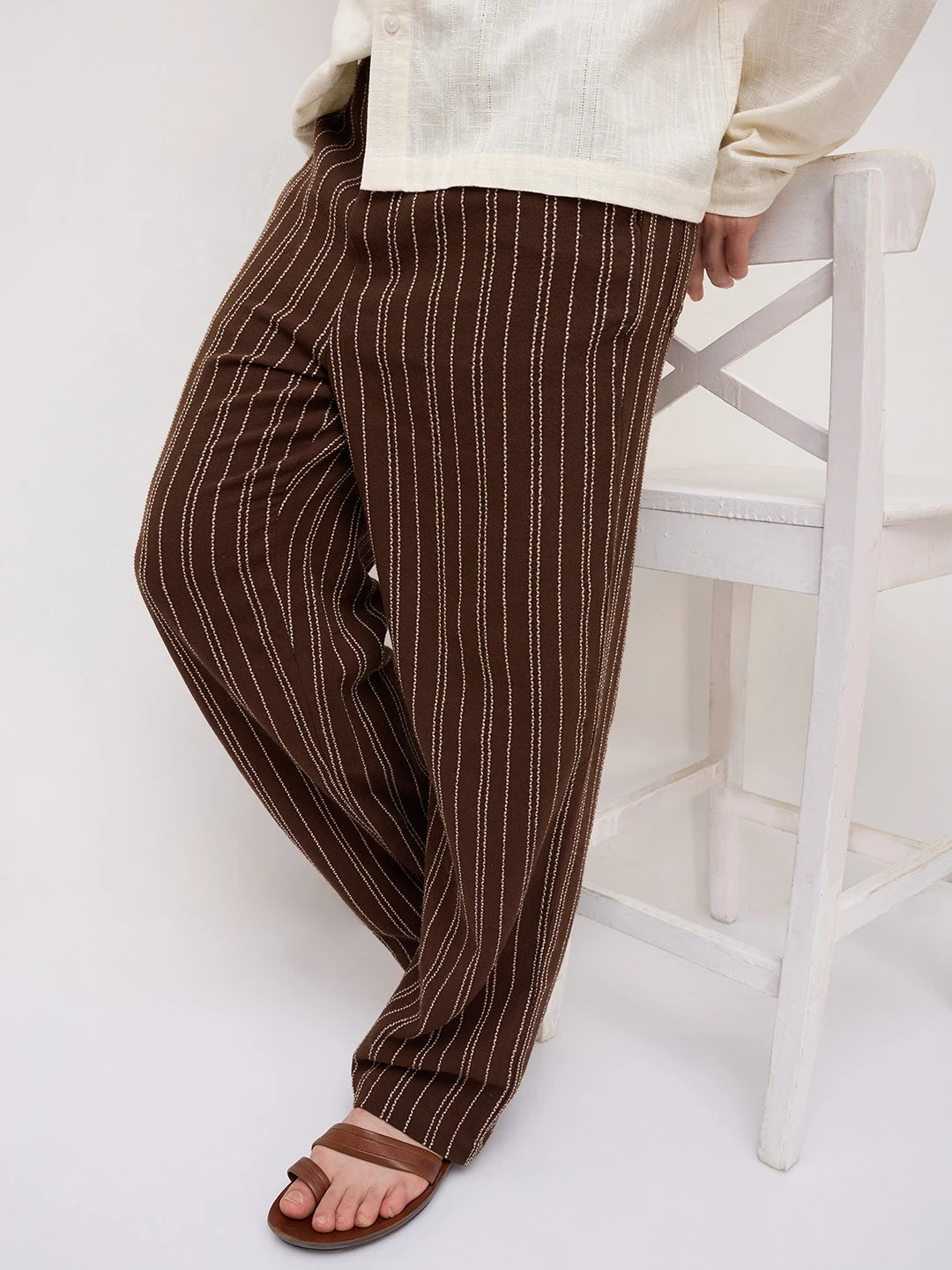 Intricate Coffee Brown Striped Straight Leg Trousers
