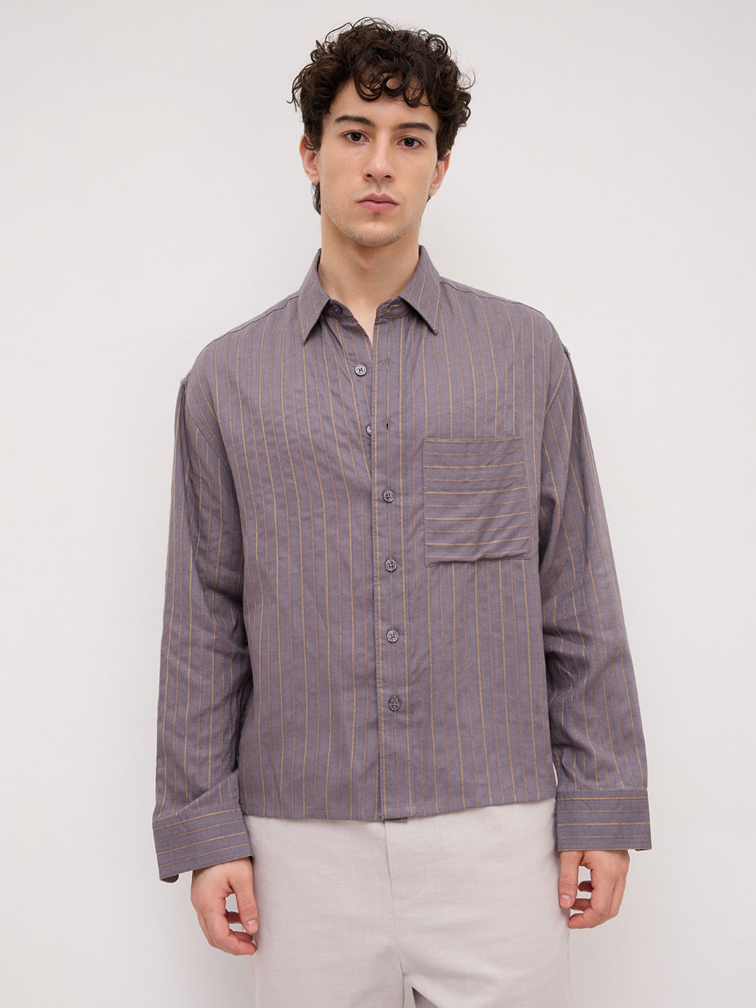 Luxe Purple & Gold Striped Linen Blend Boxy Fit Crop Shirt