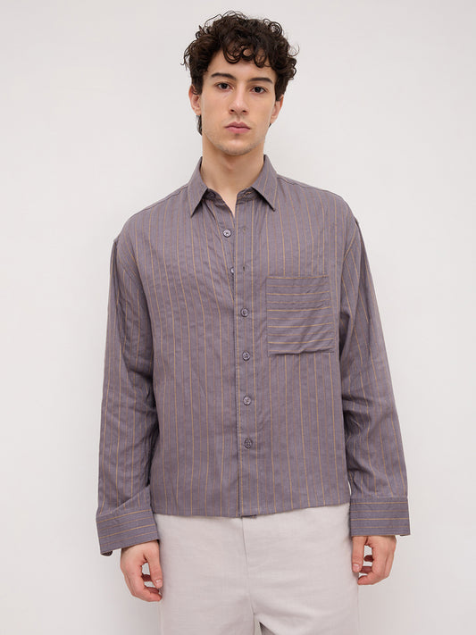 Luxe Purple & Gold Striped Linen Blend Boxy Fit Crop Shirt