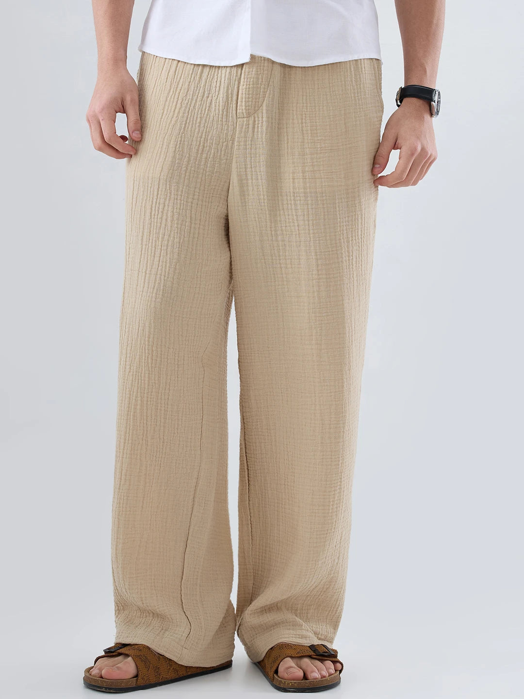 Tuscan Beige Double Cloth Straight Fit Trousers