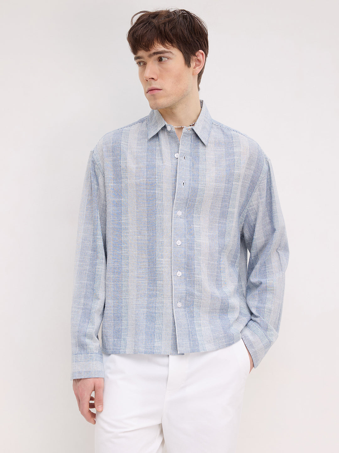 Blue Shadow Striped Boxy Fit Crop Shirt