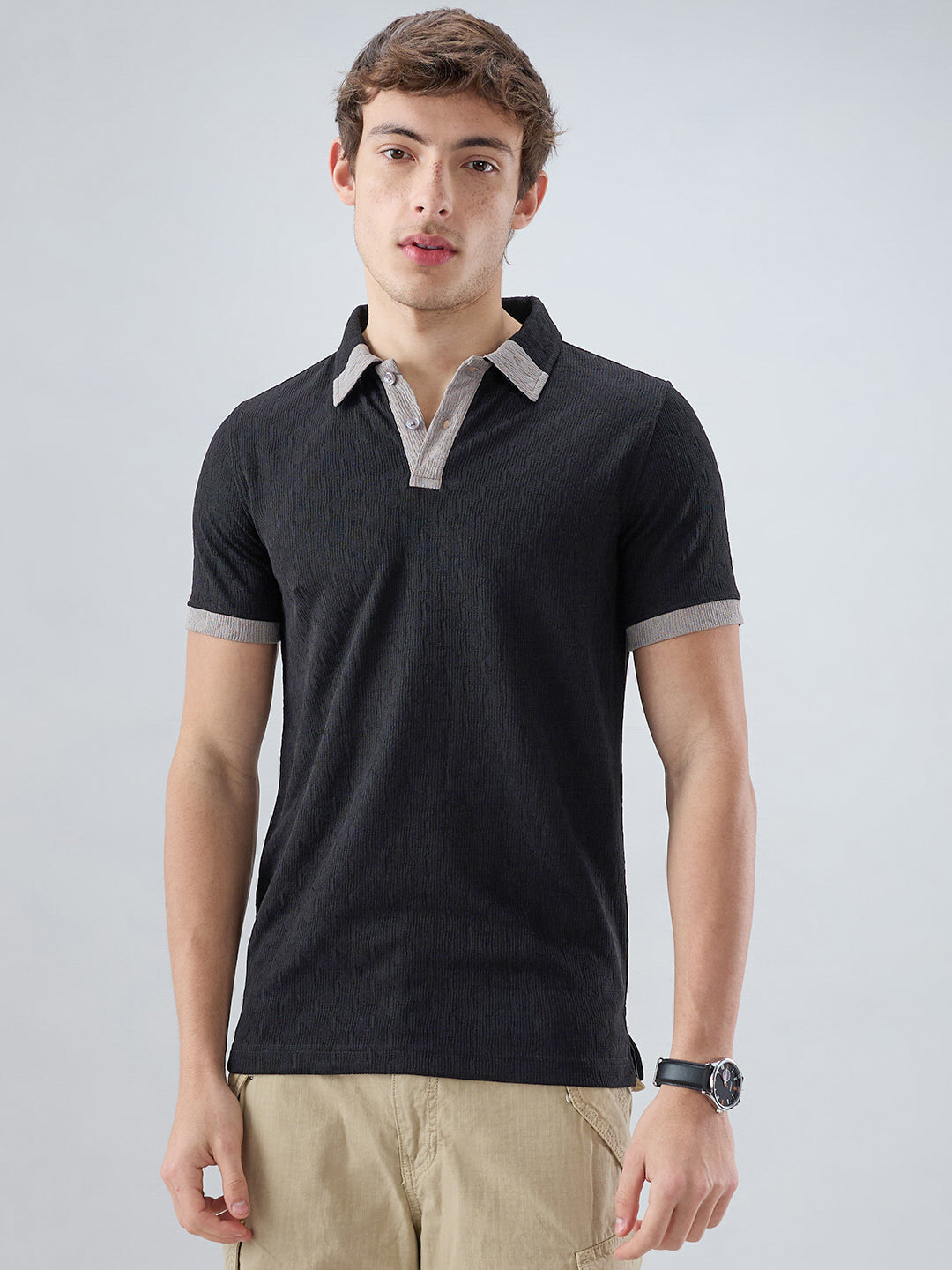 Rich Black Textured Contrast Polo Neck Knit T-shirt
