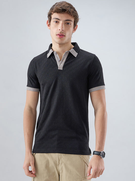 Rich Black Textured Contrast Polo Neck Knit T-shirt