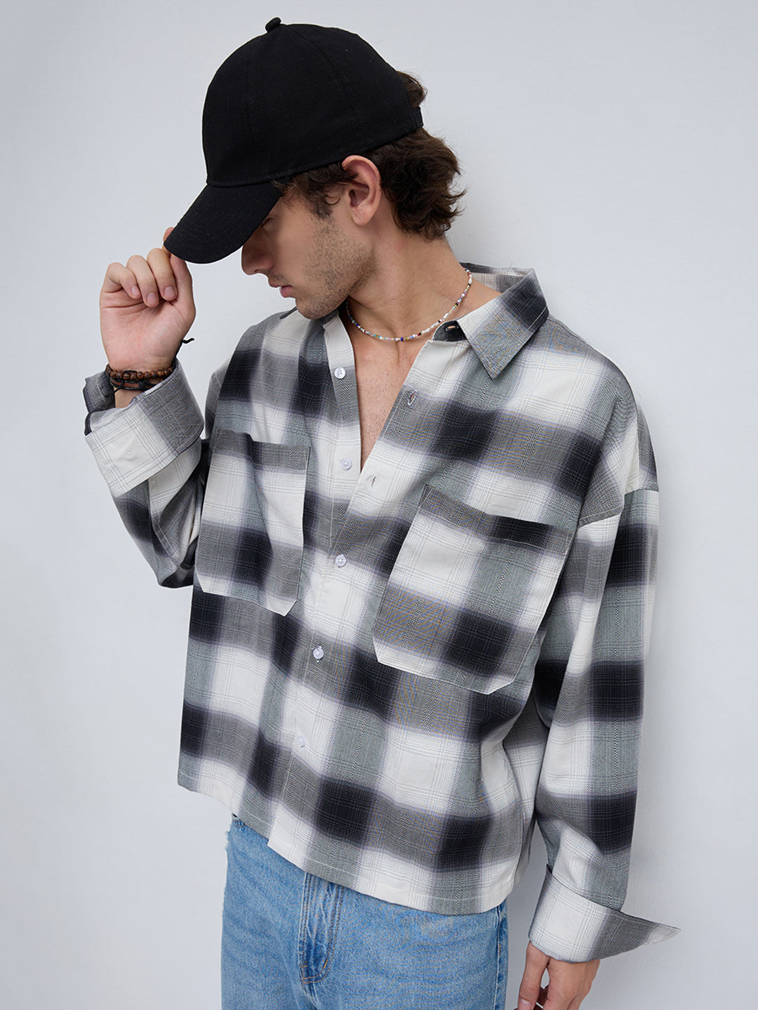 Monochrome Bold Grid Boxy Fit Crop Utility Shirt