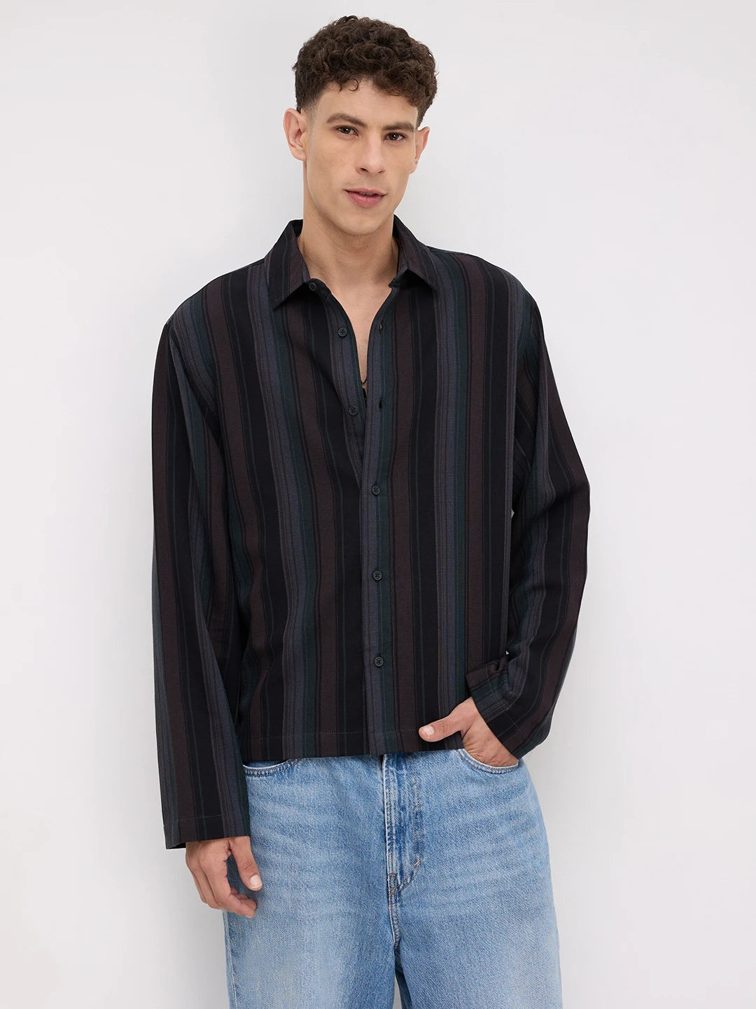 Luxe Brown Multi-Striped Cuffless Oversized Shirt