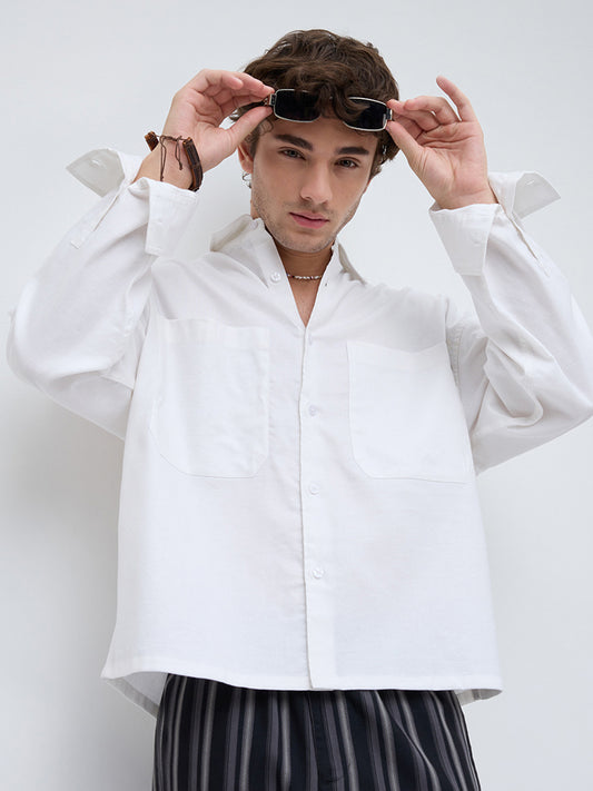 Essential White Crop Boxy Fit Linen Blend Utility Shirt