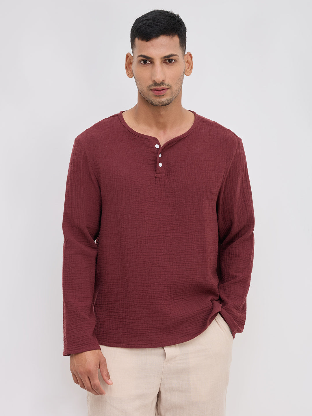 Debonair Maroon Double Cloth Henley Neck Oversized Shirt