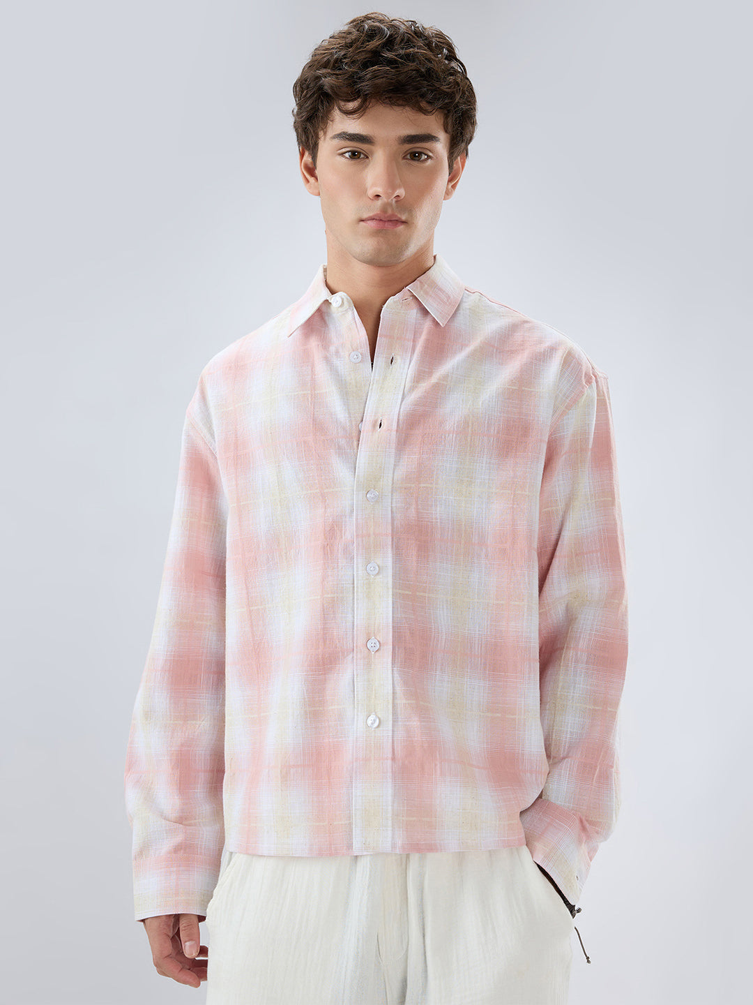 Peachy Pink Textured Checks Weave Linen Blend Boxy Fit Crop Shirt
