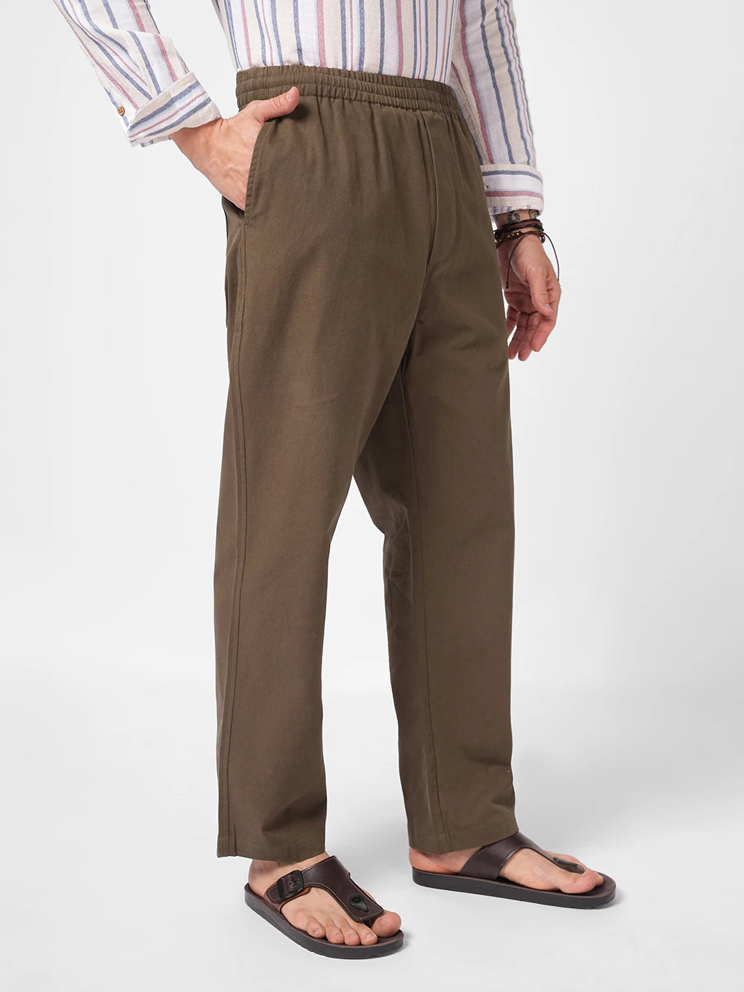 Solid Brown Tapered Trousers