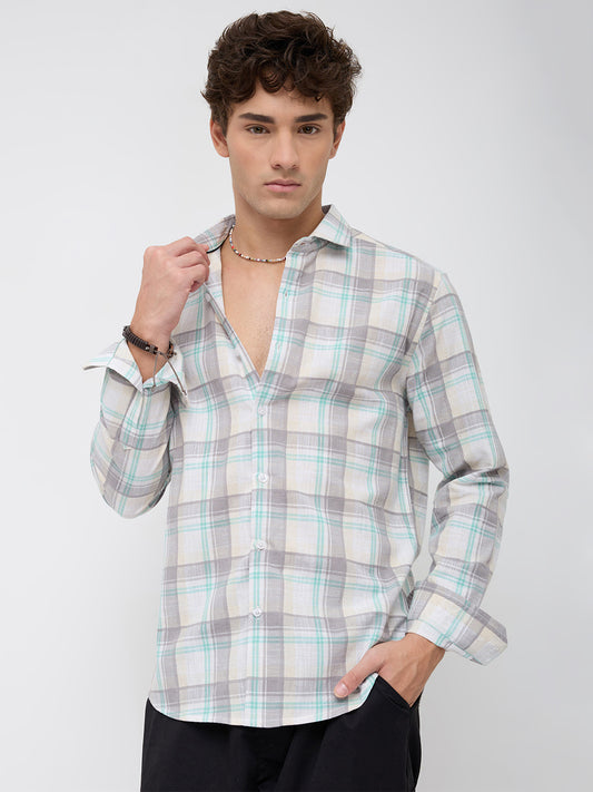 Grey & White Plaid Checks Textured Shirt