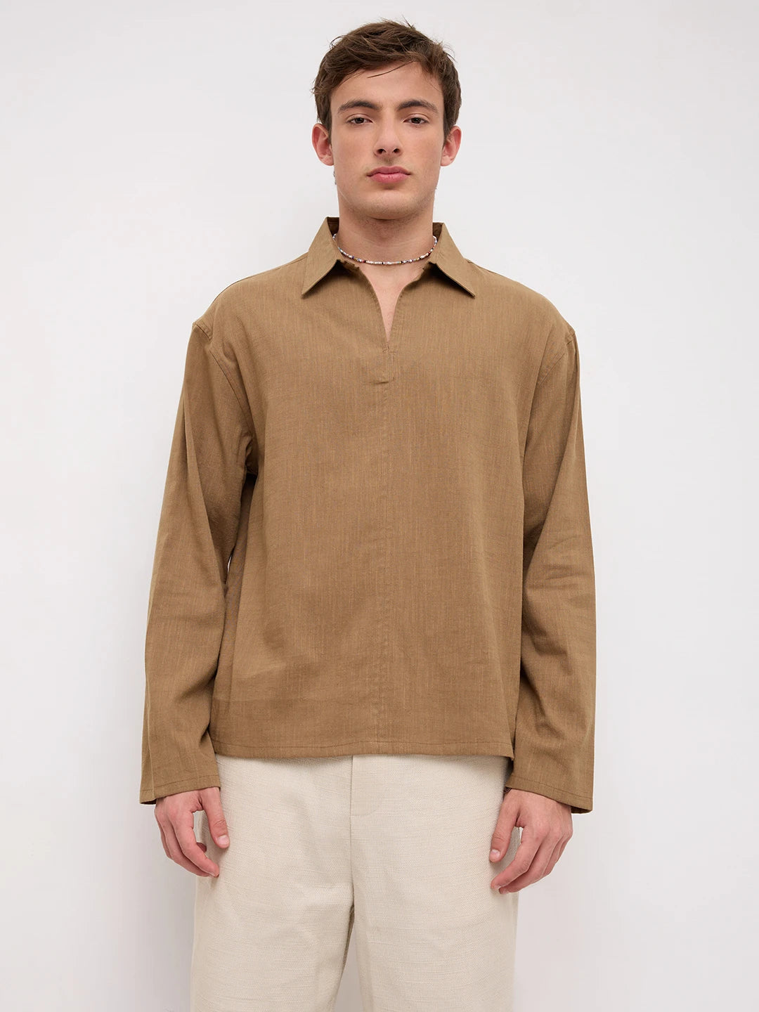 Khaki Slub Textured Center Seam Oversized Polo Shirt